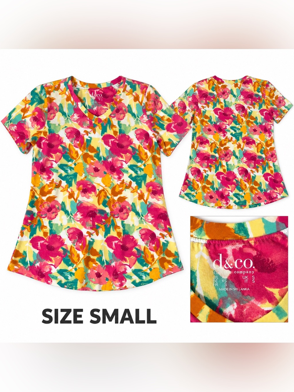 Floral V-Neck Short Sleeve Top in Pink & Teal